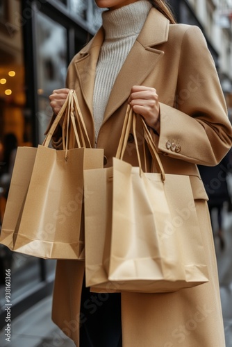 Woman carrying shopping bags on a city street during the day in autumn