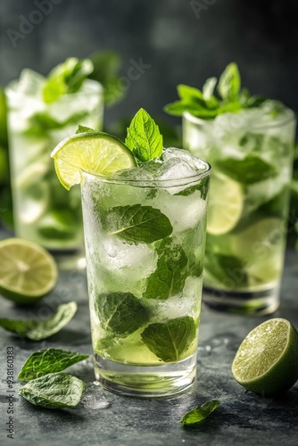 Refreshing mojito cocktails with mint and lime on a wooden bar