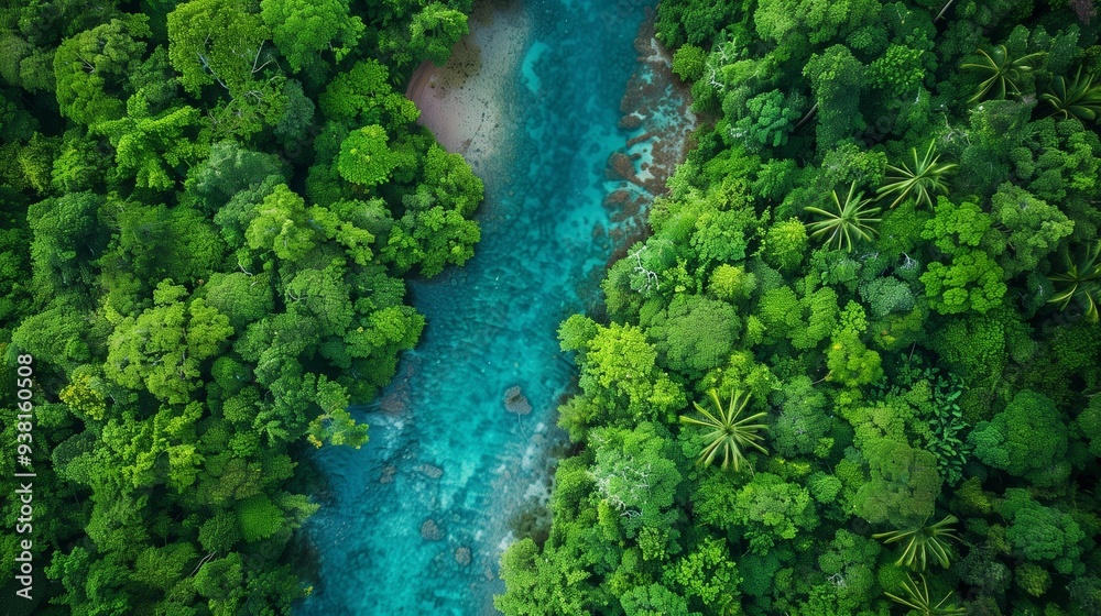 A clear river running through a dense, green forest. A clear river running through a dense, green forest.