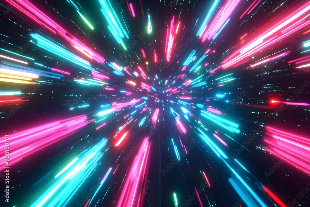 Naklejka premium Neon blue, red, and green light beams flying rapidly from the center of the screen towards the edges