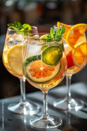 Refreshing cocktails garnished with citrus fruits and mint in a lively bar se...