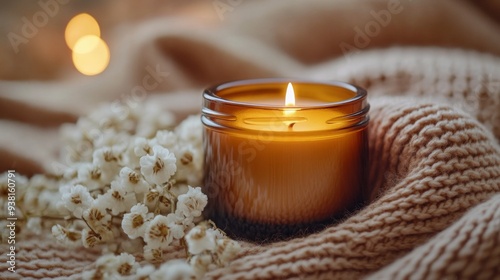 Warm candlelight on textured blanket with flowers and cozy atmosphere