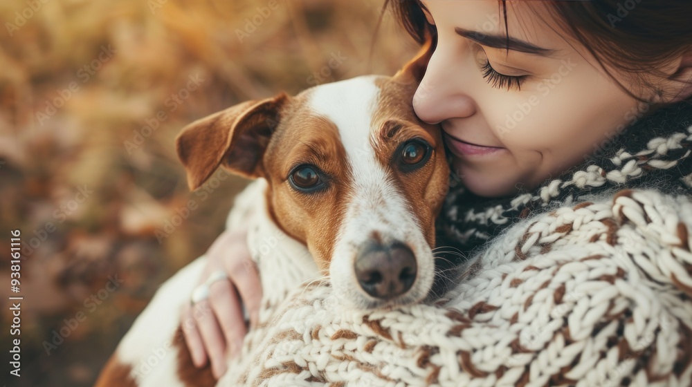 Woman in a Knitted Sweater Embraces a Dog