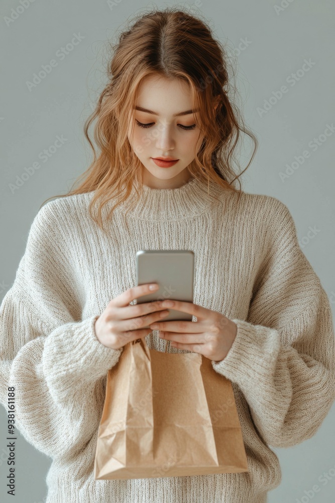 Naklejka premium Young woman in cozy sweater checking her smartphone while holding a paper bag indoors