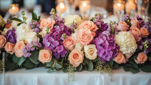 Elegant floral arrangement featuring roses and hydrangeas at a wedding reception