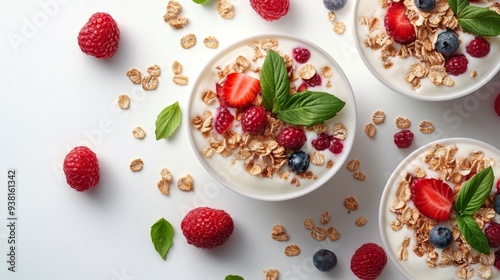 Fresh berry yogurt bowl with oats and mint on a white background