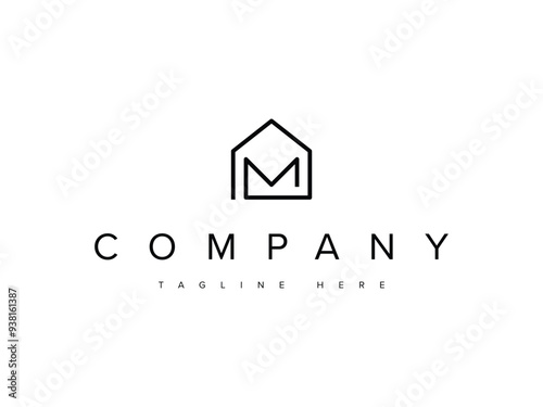 letter M house line logo design