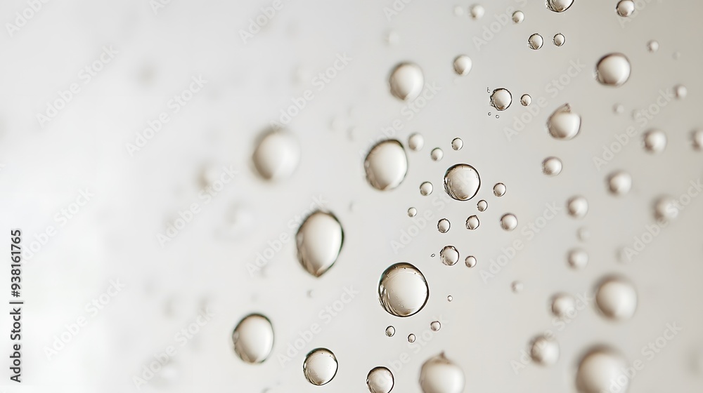 Rain Drops on Glass: Raindrops beading on a transparent surface, creating a refractive effect against a white background.
