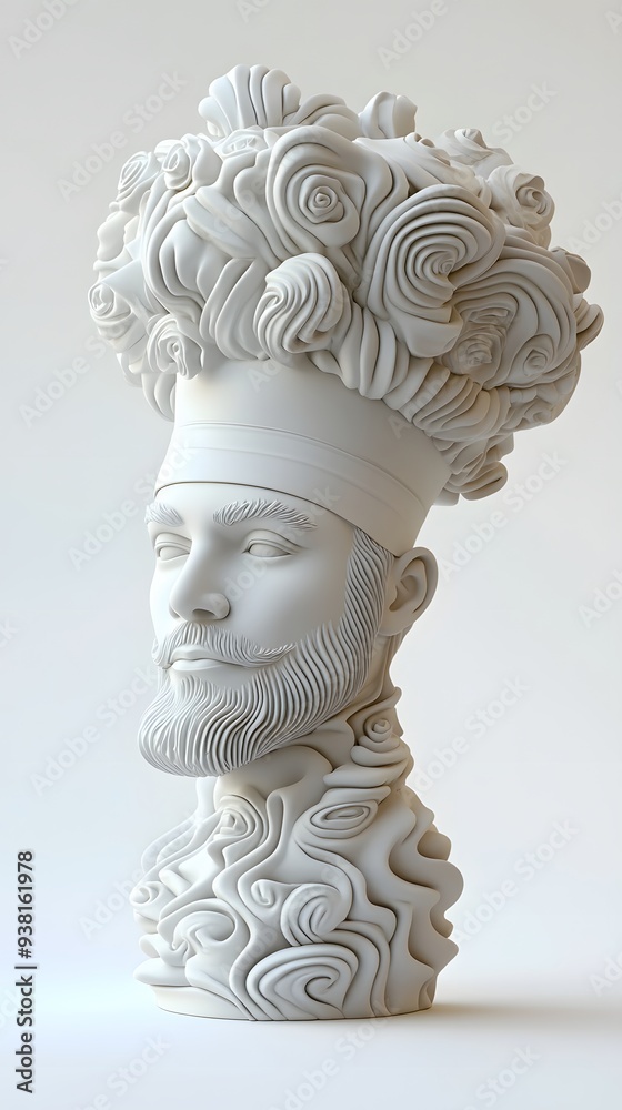 39. **A 3D render of a ceramic art portrait depicting a sophisticated chef with intricate textures and patterns, isolated on a white background 39. **A 3D render of a ceramic art portrait depicting a sophisticated chef with intricate textures and patterns, isolated on a white background
