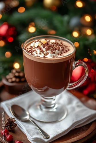 Creamy hot chocolate topped with chocolate shavings served in a clear glass mug