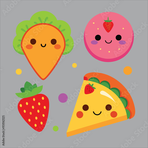 Adorable Food Characters - Cute Cartoon Icons of Smiling Strawberry, Cheerful Pizza, Happy Donut, and Giggling Taco
