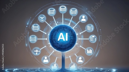 AI Ecosystem: A futuristic visualization of interconnected data points forming a radiant AI network, symbolizing the power and potential of artificial intelligence. 