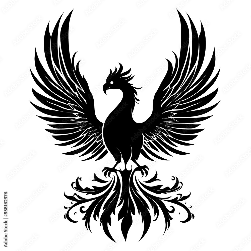 Black and white silhouette of a phoenix with outstretched wings. Black and white silhouette of a phoenix with outstretched wings.