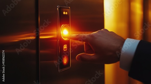 A hand pressing the elevator button in a modern building during evening hours photo