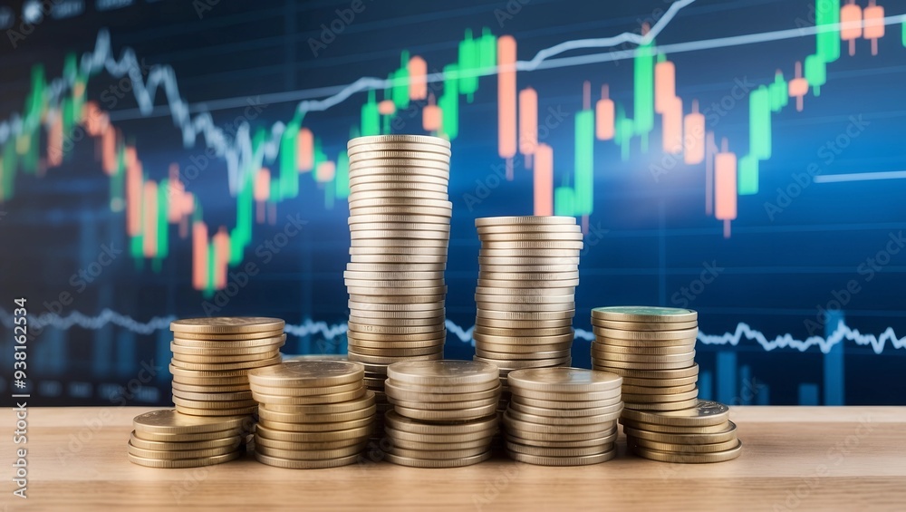 Golden Stacks of Success: Coin stacks rise against a backdrop of vibrant financial charts, symbolizing growth and prosperity in the financial market. 