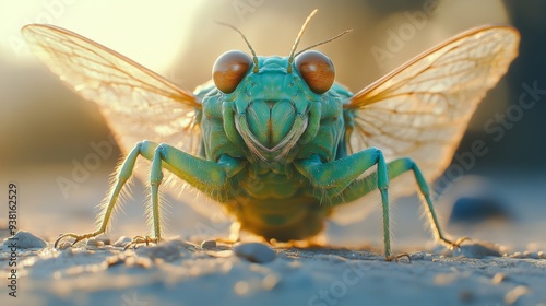 Close-up of a vibrant cicada perched on a rocky surface during golden hour
