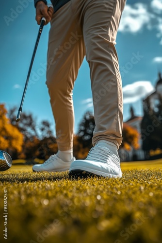 Golfer preparing to swing on a sunny day at a lush golf course