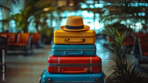 Colorful stacked luggage with a straw hat at a modern airport terminal
