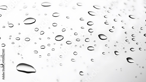 Rain Drops on Glass: Raindrops beading on a transparent surface, creating a refractive effect against a white background. 