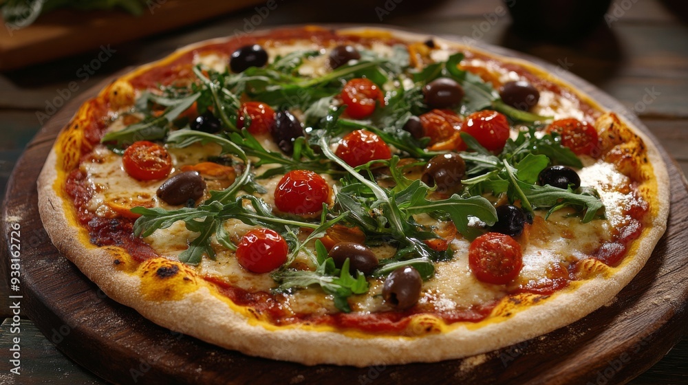Freshly baked pizza topped with cherry tomatoes and arugula in a cozy pizzeria Freshly baked pizza topped with cherry tomatoes and arugula in a cozy pizzeria