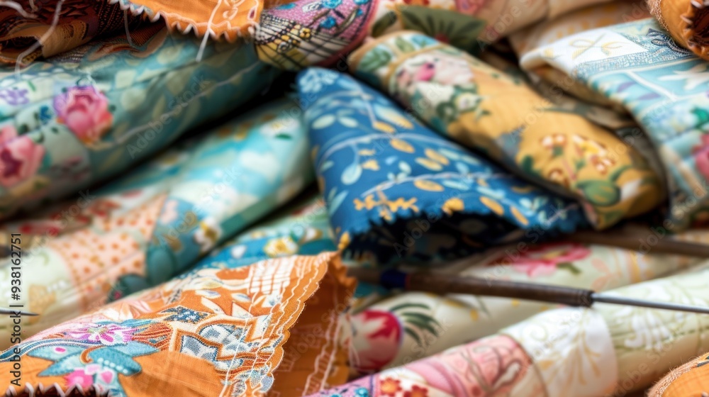 Close-up of Colorful Fabric Scraps with a Needle Close-up of Colorful Fabric Scraps with a Needle