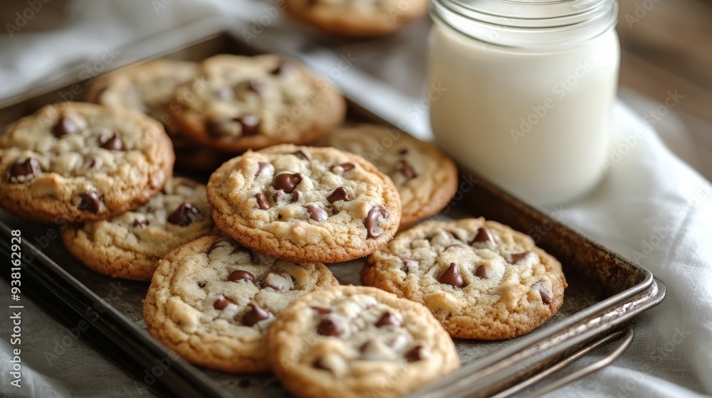 Freshly baked chocolate chip cookies with a glass of milk on a rustic tray Freshly baked chocolate chip cookies with a glass of milk on a rustic tray
