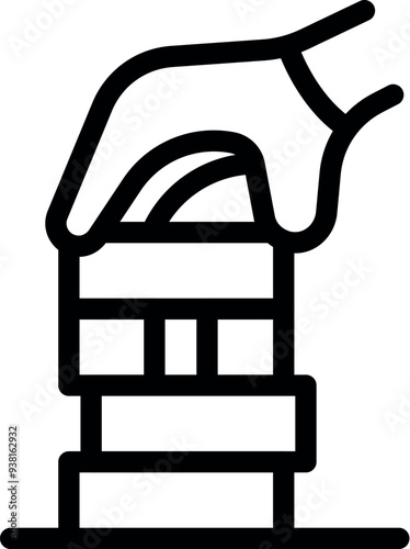 Hand carefully positions a wooden block atop a precariously balanced tower, symbolizing the delicate nature of stability