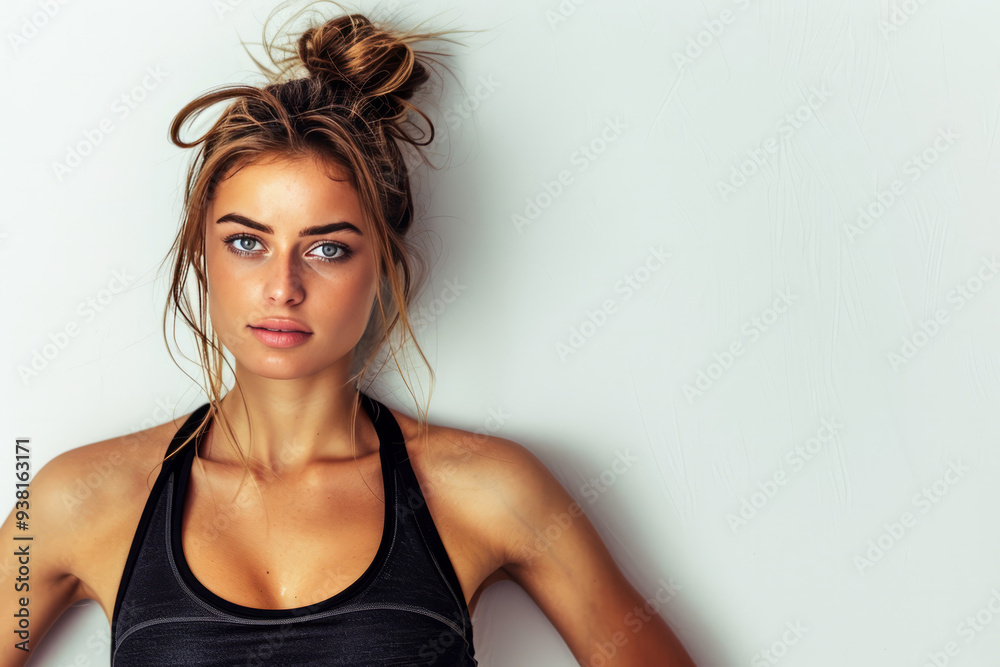 Athletic and fit woman poses gracefully against a white background, showcasing her toned physique. The image features ample free space for text or design elements. Athletic and fit woman poses gracefully against a white background, showcasing her toned physique. The image features ample free space for text or design elements.