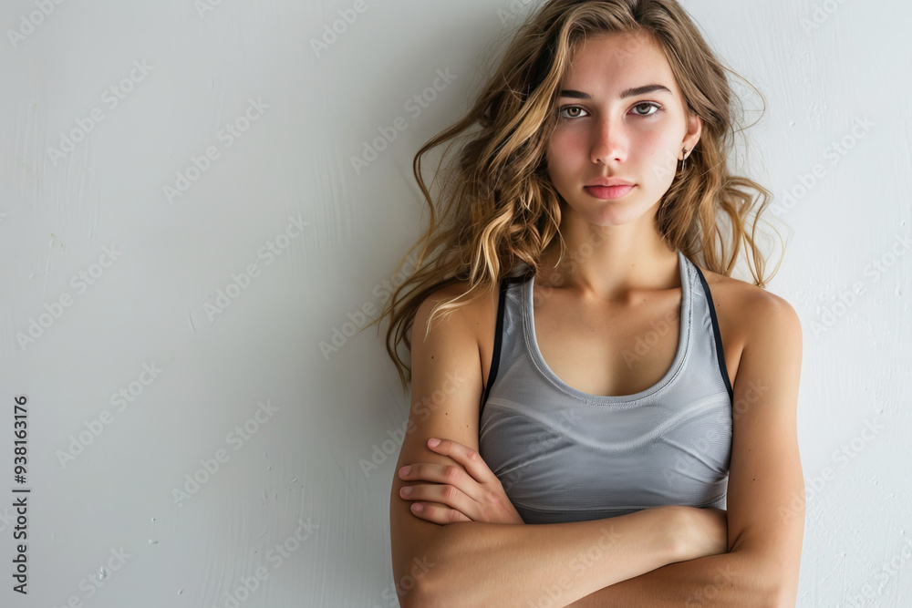 Athletic woman in fitness attire stands against a white background, showcasing her toned body, with plenty of free space for text or design. Athletic woman in fitness attire stands against a white background, showcasing her toned body, with plenty of free space for text or design.