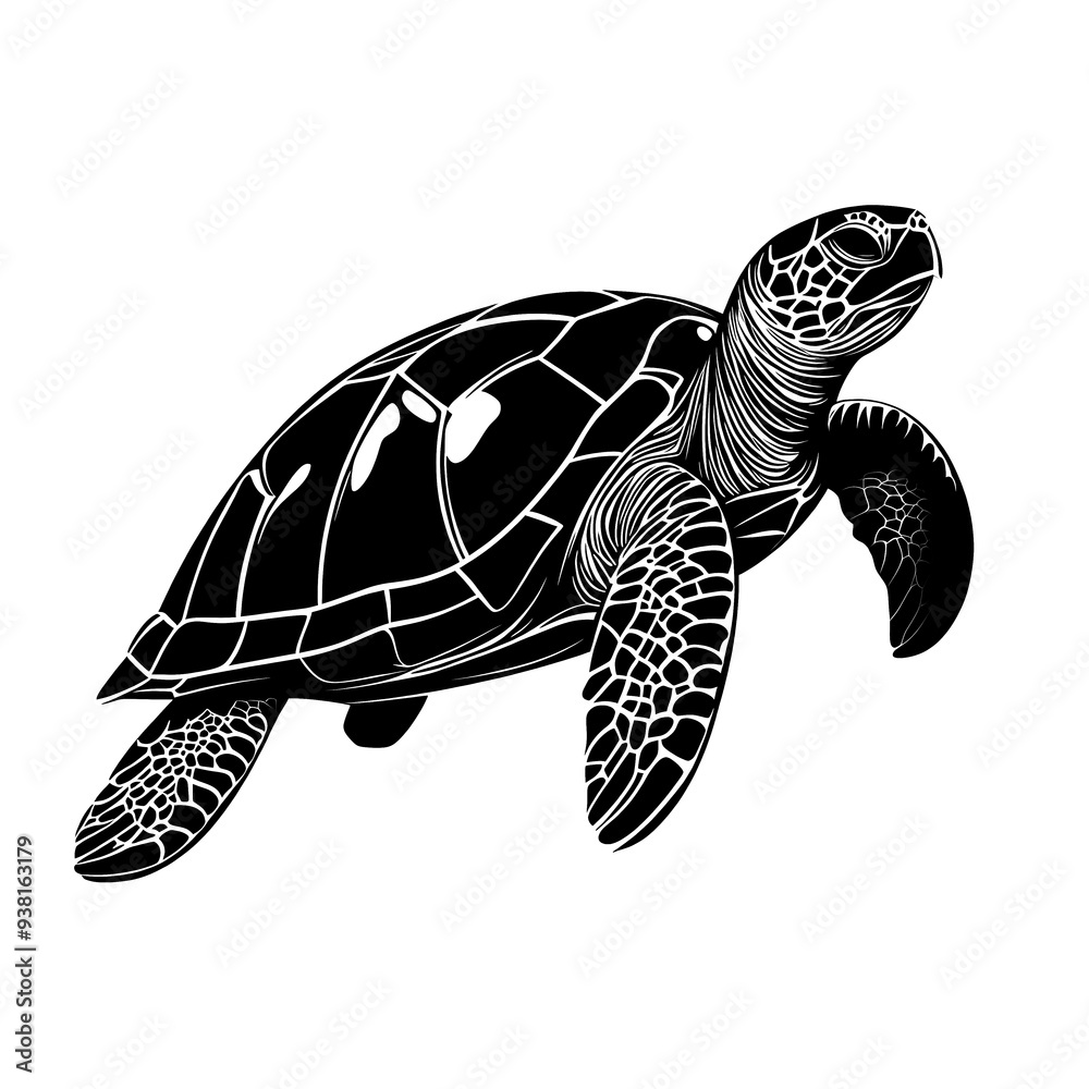 Obraz premium Black and white line art illustration of a sea turtle.