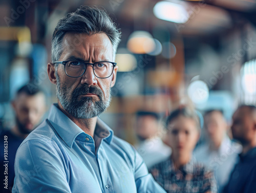 A man with glasses and a beard is standing in front of a group of people