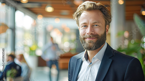 A man with a beard and a suit is smiling for the camera