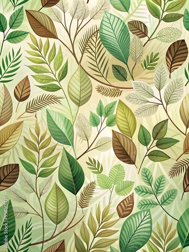 Sunlight Through the Leaves: A vibrant illustration capturing the dappled sunlight filtering through a lush canopy of leaves, showcasing an array of greens and browns in a beautiful, organic pattern. 