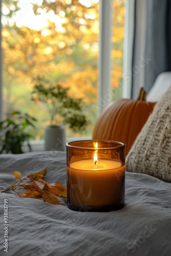 Cozy autumn setting with a glowing candle, pumpkin, and fall foliage on a bed
