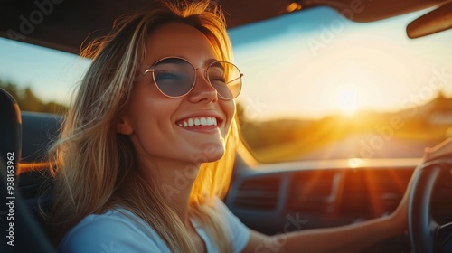 Young woman smiling while driving on a sunny day with a blurred background