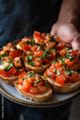Fresh bruschetta with tomatoes and herbs served on a plate