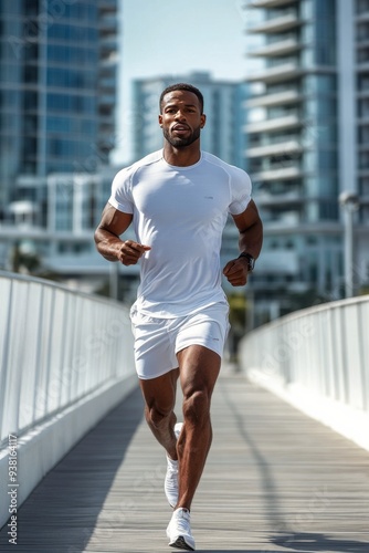 Man jogging on a sleek boardwalk in a modern urban area during bright daylight
