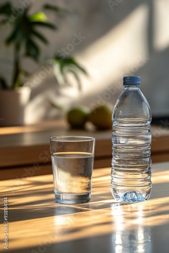 Water bottle and glass on a wooden table with plants in a bright kitchen setting