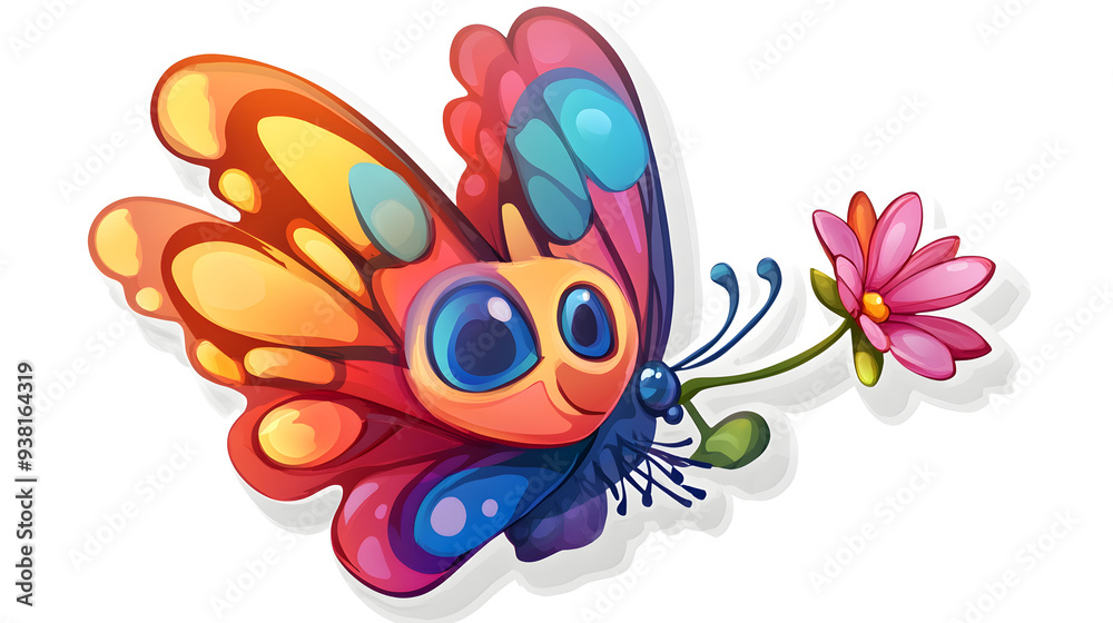 Sticker template with a vibrant butterfly cartoon character design Sticker template with a vibrant butterfly cartoon character design