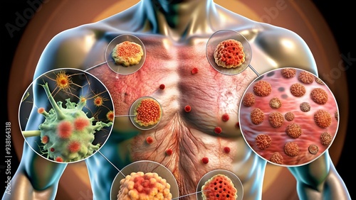 The Body Under Siege: A 3D medical illustration revealing the relentless assault of cancerous tumors on a male torso. 