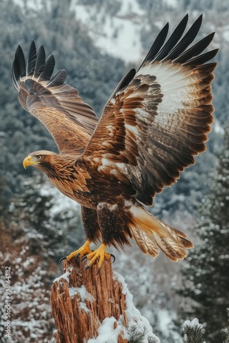 Golden eagle perched on a snow-covered log in a mountainous forest during winter