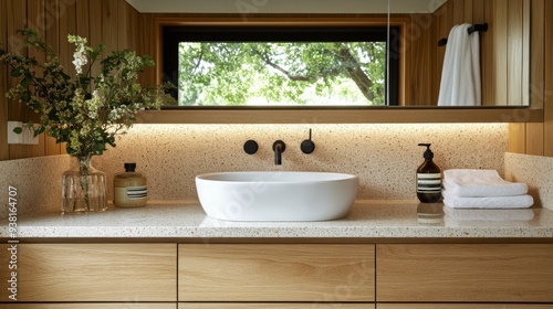 Modern bathroom interior with wooden vanity and speckled wall design in conte...