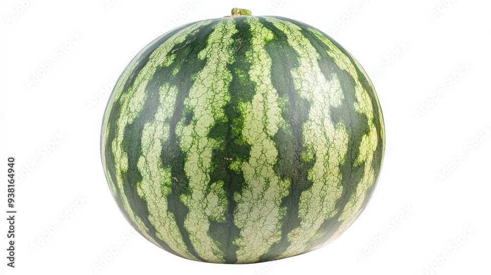 A whole watermelon with dark green stripes and a light green background is isolated on a white background. A whole watermelon with dark green stripes and a light green background is isolated on a white background.