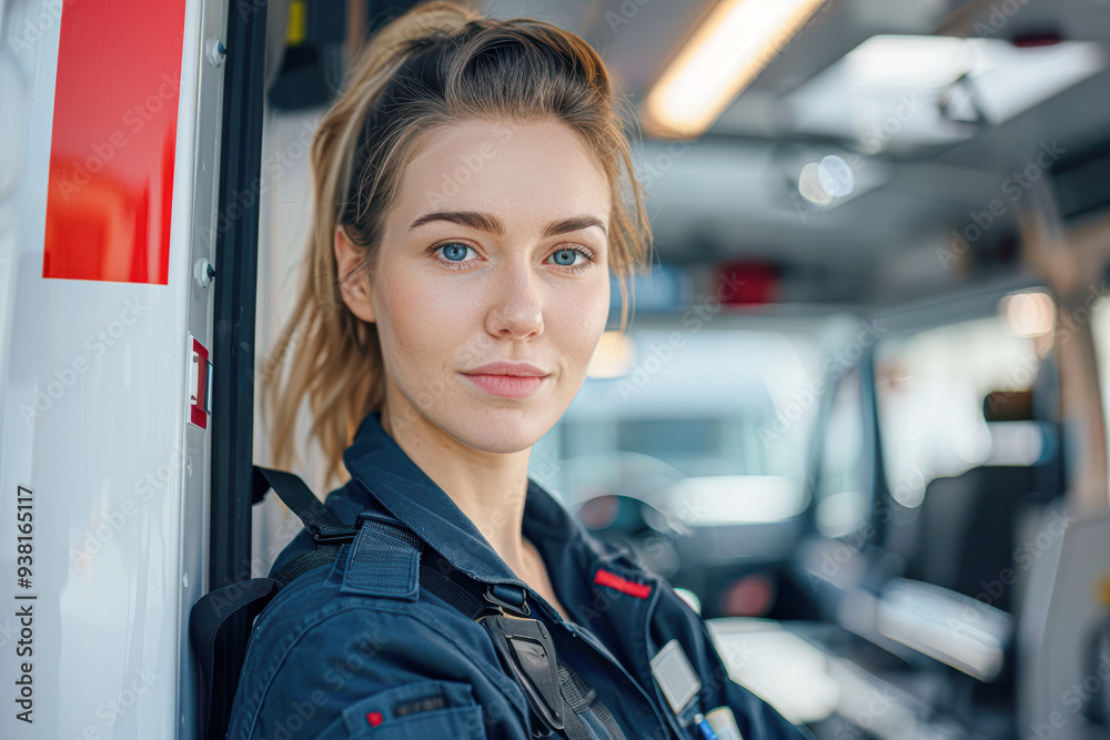 A woman in a blue uniform stands in front of a white ambulance A woman in a blue uniform stands in front of a white ambulance