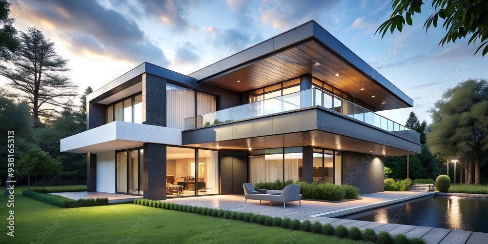 Modern Glass House Serenity: A stunning contemporary home with floor-to-ceiling windows, seamlessly blending indoor and outdoor living under a twilight sky. Modern Glass House Serenity: A stunning contemporary home with floor-to-ceiling windows, seamlessly blending indoor and outdoor living under a twilight sky.
