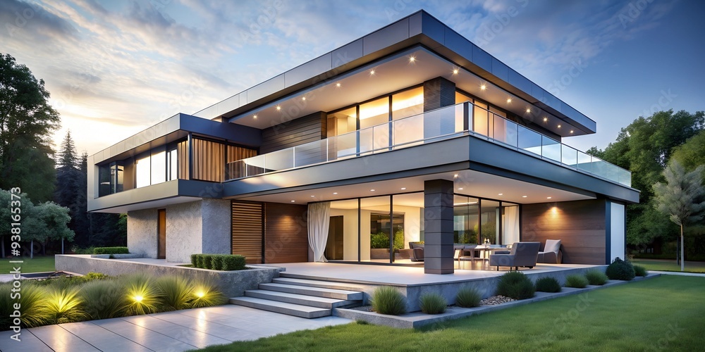 Modern Glass House Serenity: A stunning contemporary home with floor-to-ceiling windows, seamlessly blending indoor and outdoor living under a twilight sky. Modern Glass House Serenity: A stunning contemporary home with floor-to-ceiling windows, seamlessly blending indoor and outdoor living under a twilight sky.