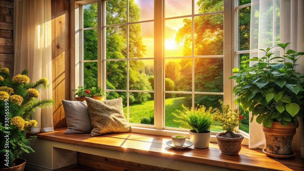 Basking In Golden Sunlight, A Cozy Windowsill Adorned With Lush Greenery And A Serene View Of The Outdoors. Basking In Golden Sunlight, A Cozy Windowsill Adorned With Lush Greenery And A Serene View Of The Outdoors.