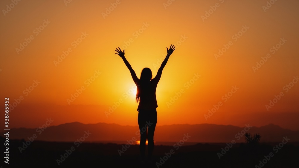 Silhouette of Woman With Arms Raised in Sunset. Golden light hour. Silhouette of Woman With Arms Raised in Sunset. Golden light hour.