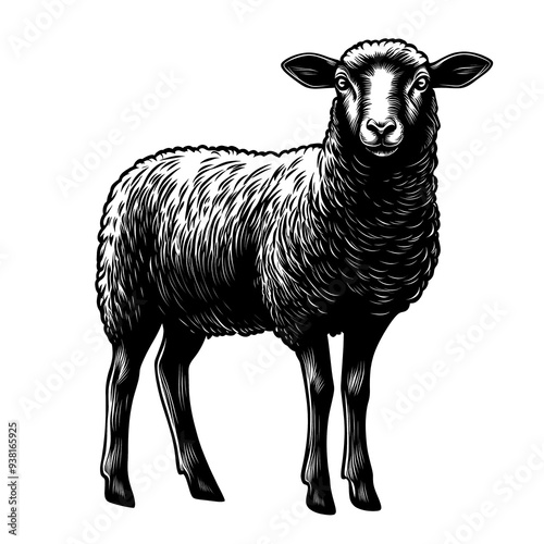 Black and white illustration of a sheep standing on white background. photo