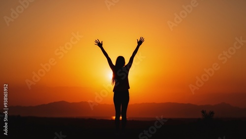 Wallpaper Mural Silhouette of Woman With Arms Raised in Sunset. Golden light hour. Torontodigital.ca